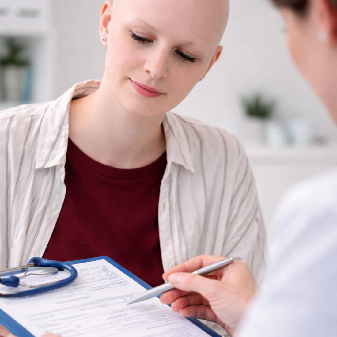 Frau mit krankheitsbedingtem Haarausfall im Gespräch mit Ärztin – Perücke auf Rezept in Nürnberg