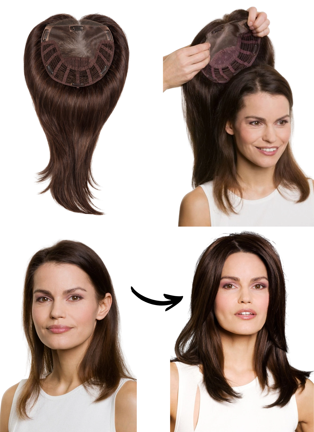 Haarintegration mit Topper – Produktansicht, Anwendung und fertiges Styling bei Trendhair Nürnberg