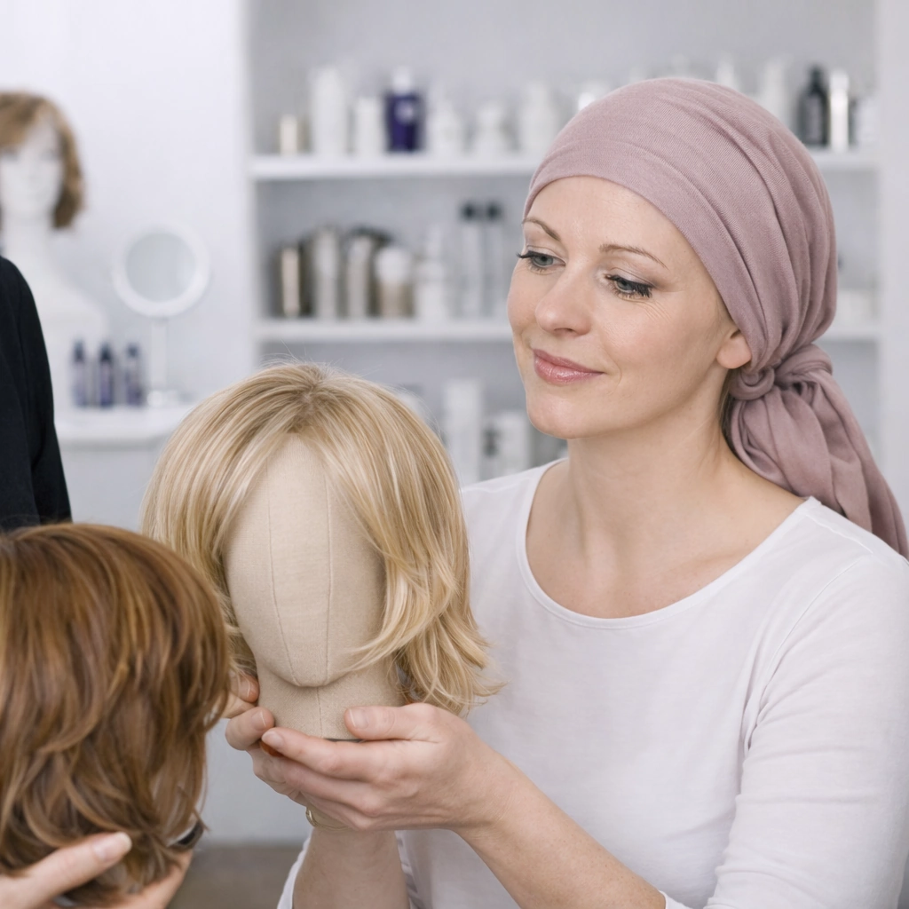 Kundin mit Kopftuch bei Perückenberatung im Studio von Trendhair Nürnberg