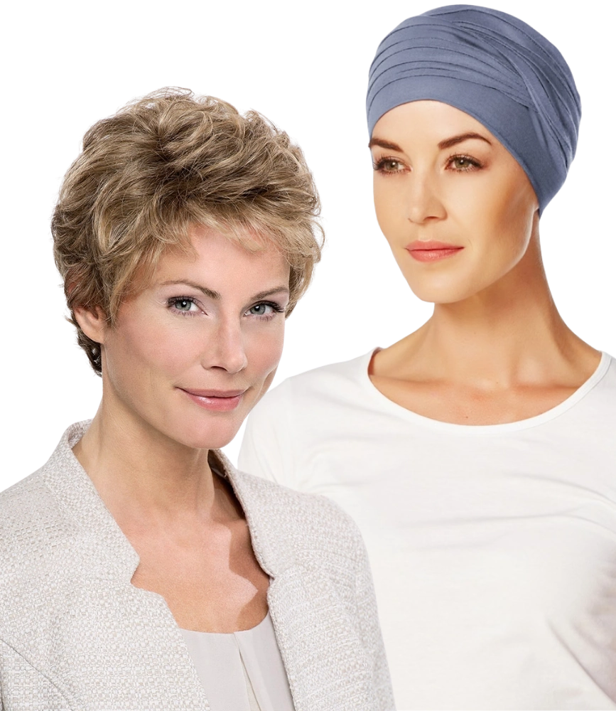Frau mit Chemotherapie-bedingtem Haarausfall im Vergleich mit und ohne blonde Perücke vor neutralem Hintergrund
