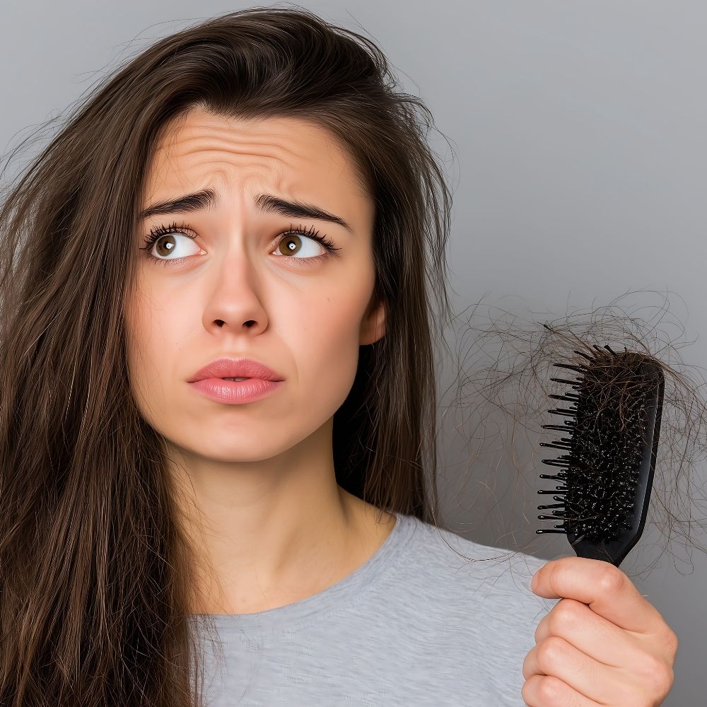 Frau mit Chemotherapie-bedingtem Haarausfall im Vergleich mit und ohne blonde Perücke vor neutralem Hintergrund