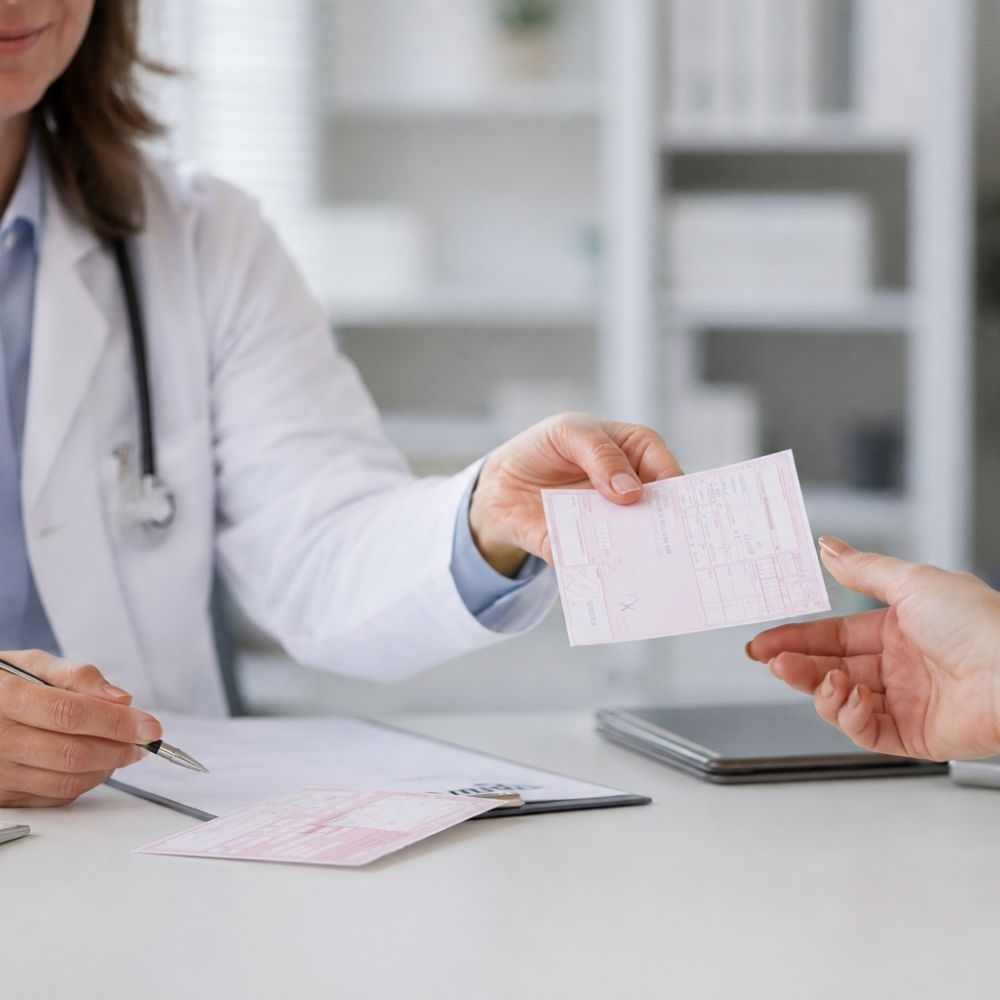 Ärztin übergibt Patientin ein rosa Rezept für eine Perücke als medizinischen Haarersatz. Beispiel für eine ärztliche Verordnung zur Kostenübernahme durch die Krankenkasse.